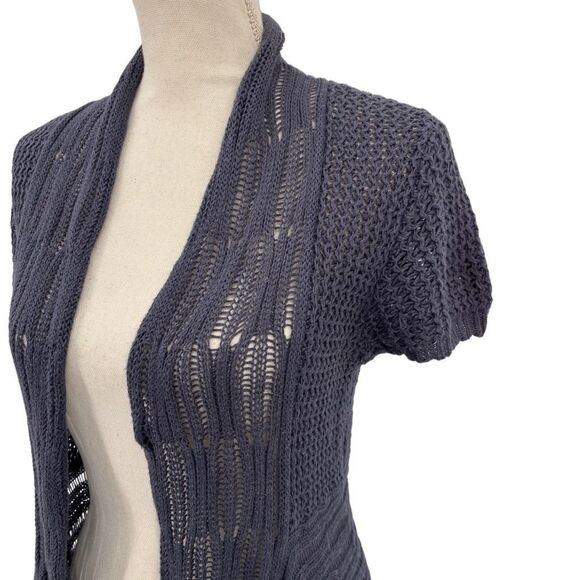 Cabi Drape Open Front Knit Short Sleeve Asymmetric Hem Boho Cardigan Gray Medium - Picture 7 of 12